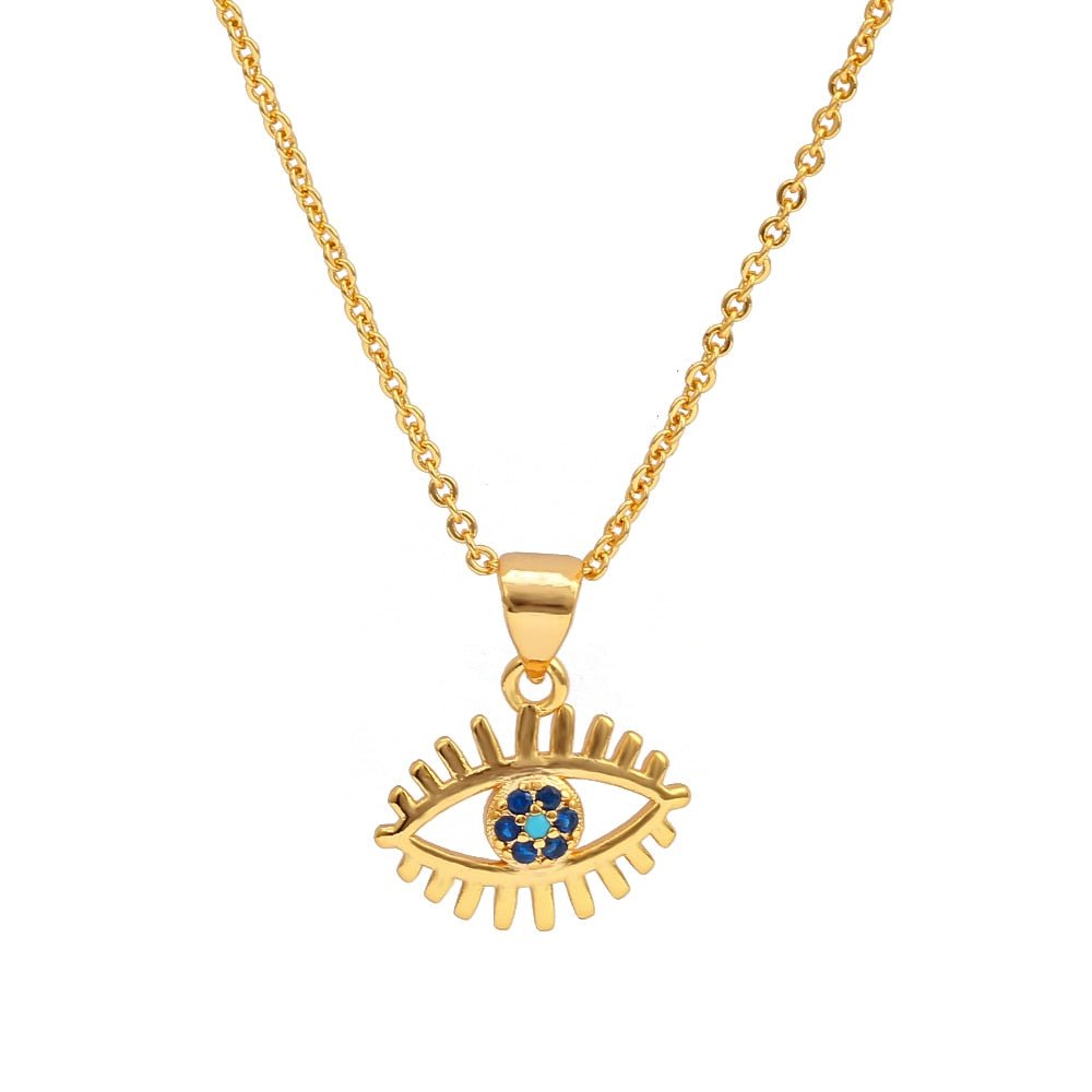 Studded Blue Stone Golden Eye Lashes Evil Eye Pendant Necklace - Jewellery