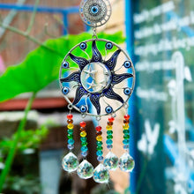 Load image into Gallery viewer, Sun, Moon, and Stars Evil Eye Wall Hanging with Multicolor Suncatcher Crystals - Wall HangingStyle 2 - Long Crystals
