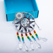 Load image into Gallery viewer, Sun, Moon, and Stars Evil Eye Wall Hanging with Multicolor Suncatcher Crystals - Wall HangingStyle 2 - Long Crystals
