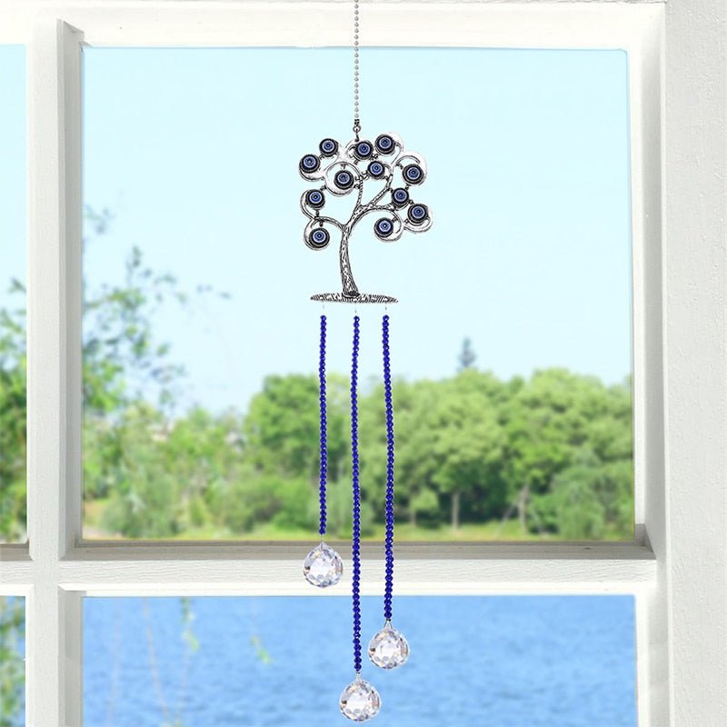 Tree of Life with Evil Eyes Wall Hanging with Suncatcher Crystals - Wall Hanging