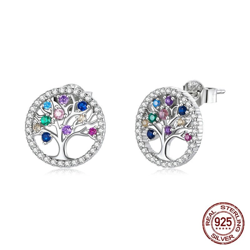 Tree of Life with Multicolor Stones Silver Earrings - Earrings