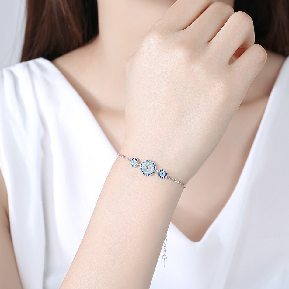 Three Blue popular Evil Eyes Silver Adjustable Bracelet