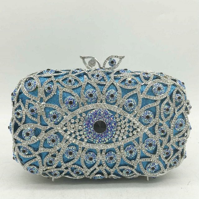 Turquoise and White Stone Studded Evil Eye Clutch - Blue - Handbag