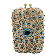 Load image into Gallery viewer, Turquoise and White Stone Studded Evil Eye Clutch - Golden - Handbag

