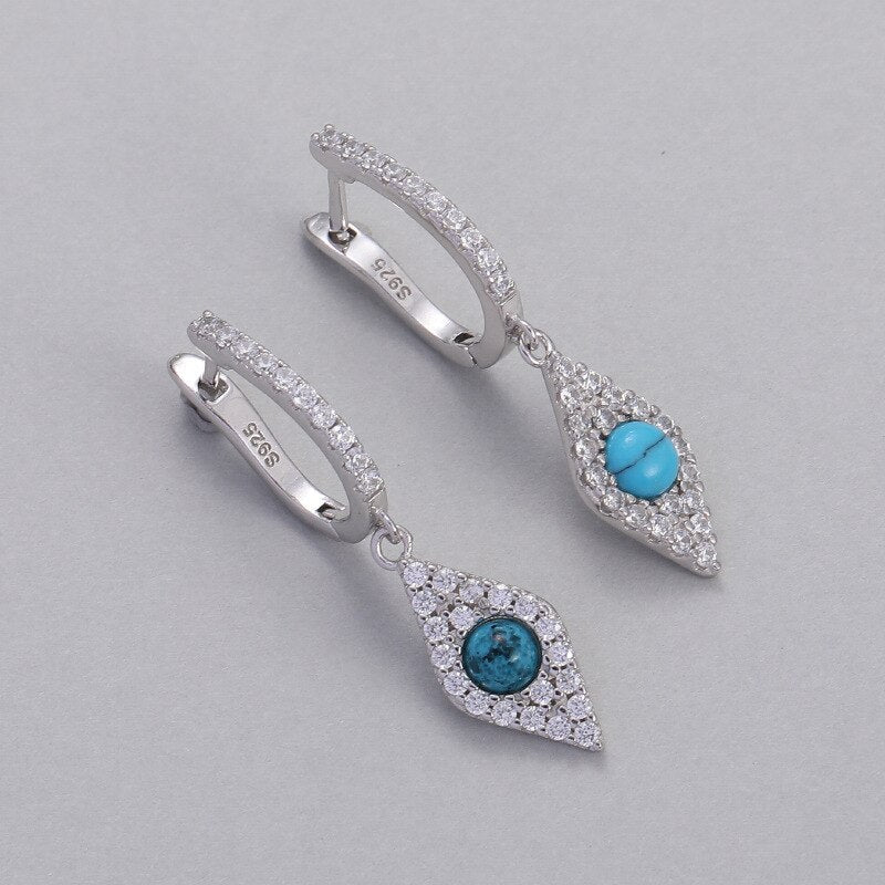 Turquoise Stone Diamond Shape Evil Eye Earrings - EarringsSilver