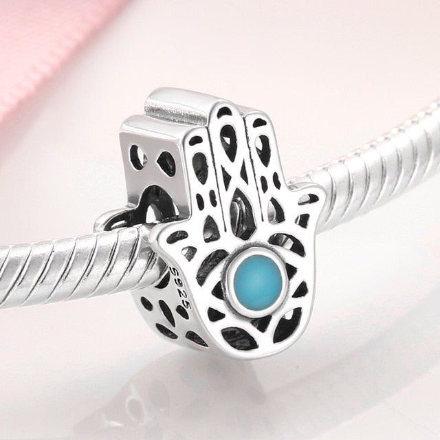 Turquoise Stone Hamsa Hand Silver Charm Bead - Charm Bead