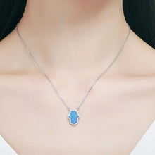 Load image into Gallery viewer, Vibrant Metallic Hamsa Hand Silver Necklaces - NecklaceBlue Opal Color Stone
