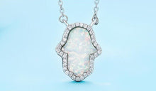 Load image into Gallery viewer, Vibrant Metallic Hamsa Hand Silver Necklaces - NecklaceWhite Opal Color Stone
