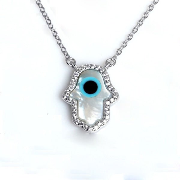 Vibrant Metallic Hamsa Hand Silver Necklaces - NecklaceMother of Pearl with Evil Eye