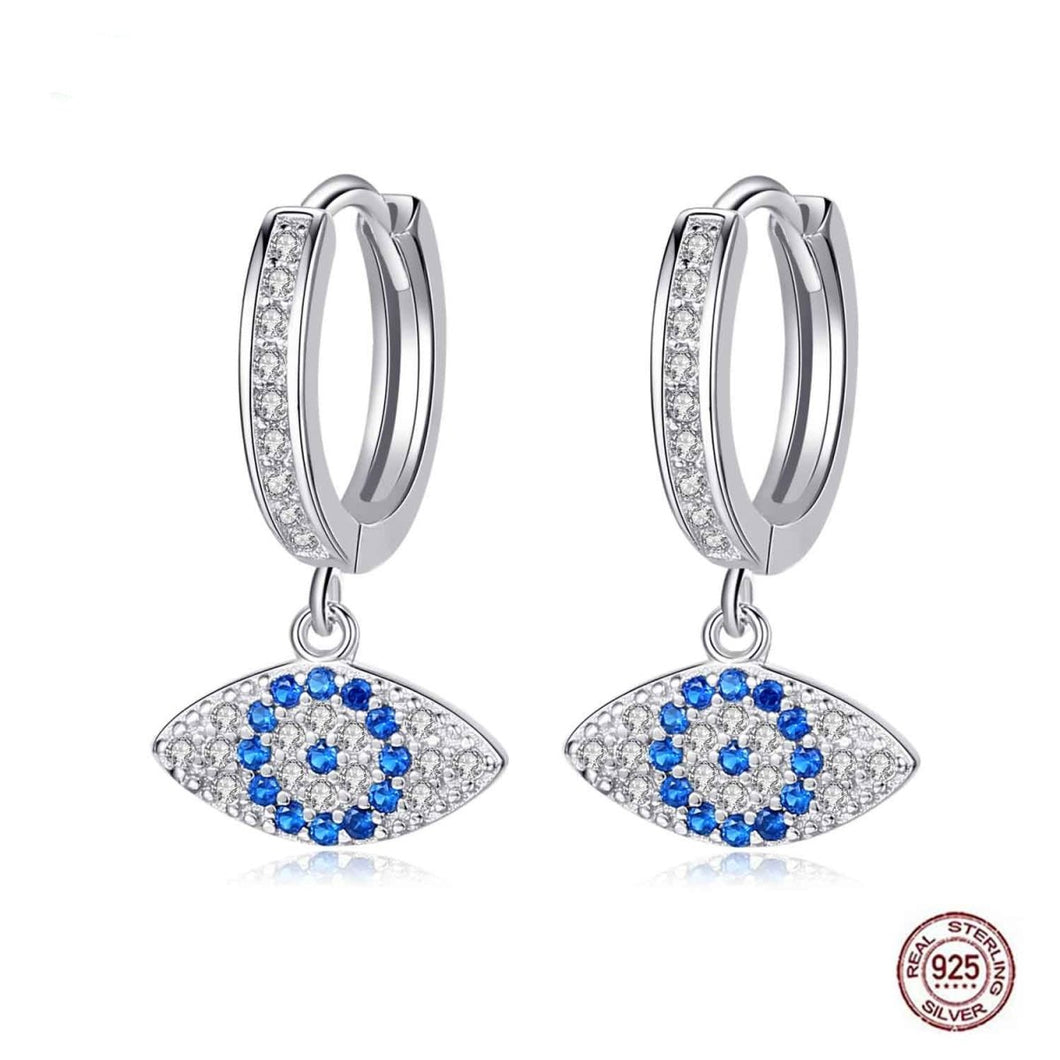 White and Blue Stone Evil Eye Silver Drop Earrings - Earrings