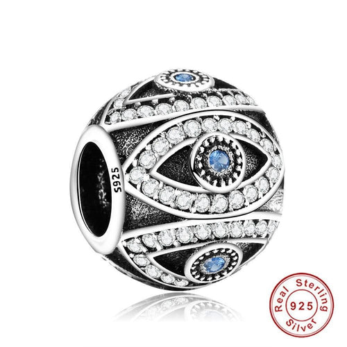 White and Blue Stone Infinite Evil Eyes Spherical Silver Charm Bead - Charm Bead