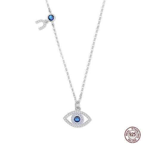 White and Blue Stone Studded Horseshoe Evil Eye Silver Necklaces - NecklaceSilver