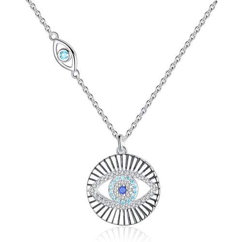 White and Light Blue Stone Dual Evil Eye Silver Necklace - Necklace