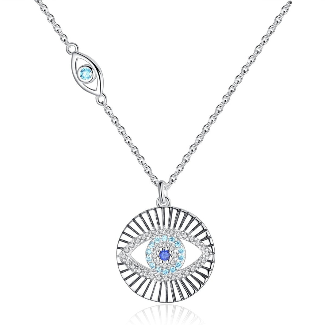 White and Light Blue Stone Dual Evil Eye Silver Necklace - Necklace