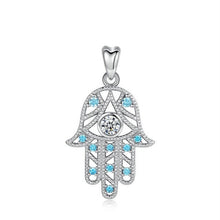 Load image into Gallery viewer, White and Light Blue Stone Hamsa Hand Silver Pendant and Necklace - NecklaceOnly Pendant
