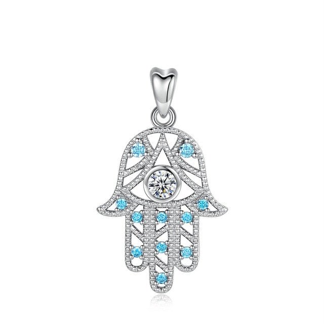 White and Light Blue Stone Hamsa Hand Silver Pendant and Necklace - NecklaceOnly Pendant