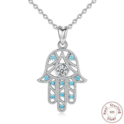 White and Light Blue Stone Hamsa Hand Silver Pendant and Necklace - NecklaceOnly Pendant