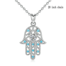 Load image into Gallery viewer, White and Light Blue Stone Hamsa Hand Silver Pendant and Necklace - NecklaceWith 20&quot; Chain
