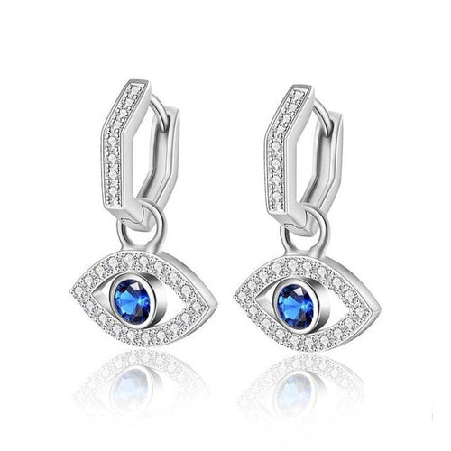 White and Single Blue Stone Evil Eye Silver Drop Earrings - EarringsSilver