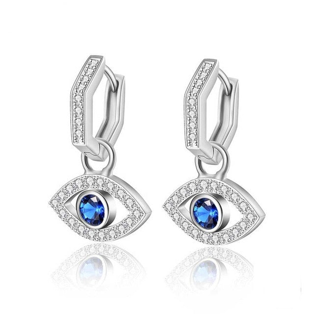 White and Single Blue Stone Evil Eye Silver Drop Earrings - EarringsSilver