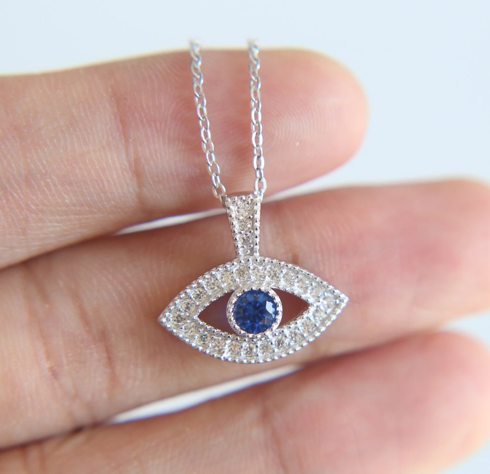 White and Single Blue Stone Evil Eye Silver Necklaces - NecklaceSilver