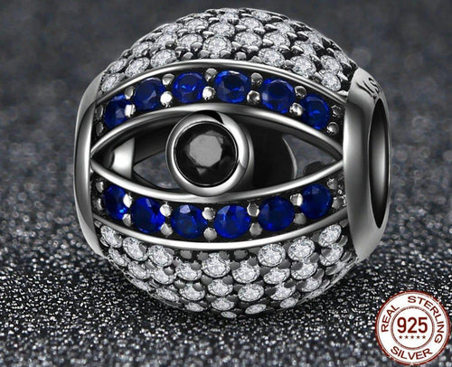 White, Blue and Black Stone Evil Eye Silver Charm Bead - Charm Bead