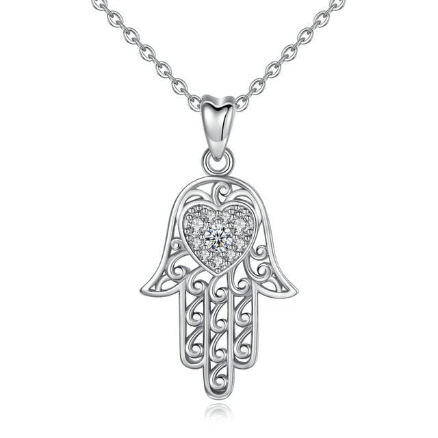 White Heart Stone Hamsa Hand Silver Pendant and Necklace - NecklacePendant and Chain