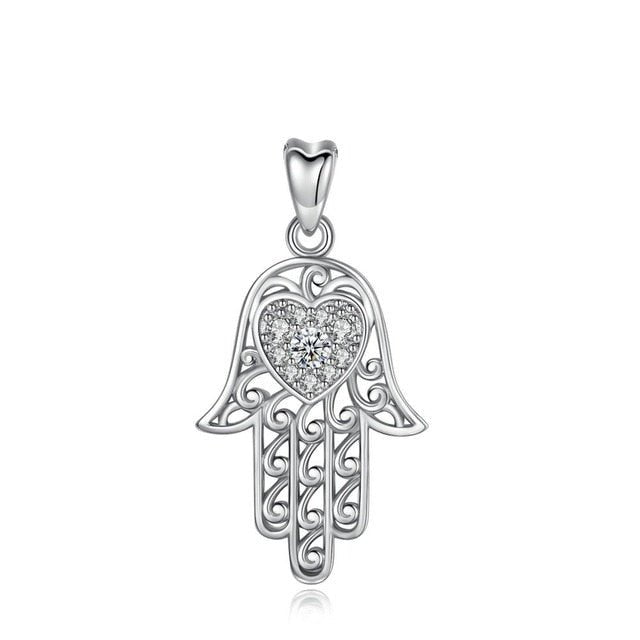 White Heart Stone Hamsa Hand Silver Pendant and Necklace - NecklaceOnly Pendant