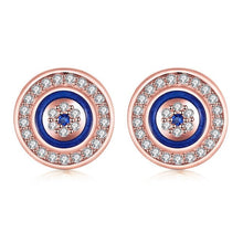 Load image into Gallery viewer, White Stone and Blue Enamel Evil Eye Silver Earrings - EarringsRose Gold
