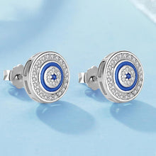 Load image into Gallery viewer, White Stone and Blue Enamel Evil Eye Silver Earrings - EarringsRose Gold

