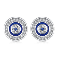 Load image into Gallery viewer, White Stone and Blue Enamel Evil Eye Silver Earrings - EarringsSilver
