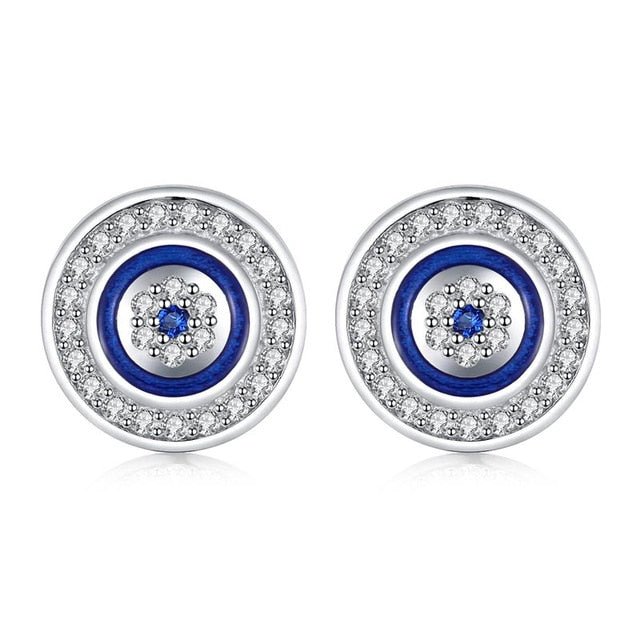 White Stone and Blue Enamel Evil Eye Silver Earrings - EarringsSilver