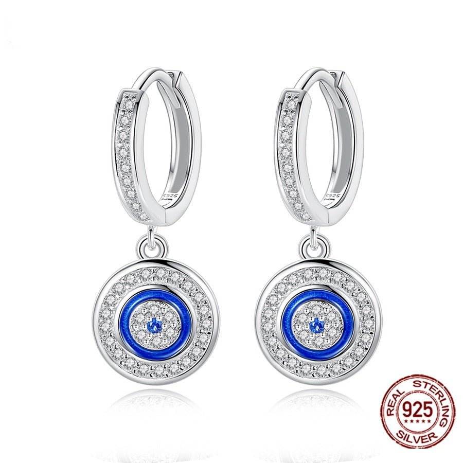 White Stone and Blue Enamel Evil Eye Silver Hoop Earrings - Earrings
