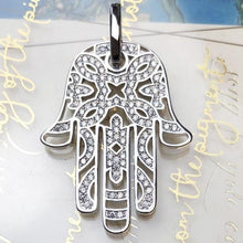 Load image into Gallery viewer, White Stone Engraved Hamsa Hand Silver Pendant - Pendant
