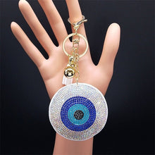 Load image into Gallery viewer, White Stone Evil Eye Keychains - KeychainEye Shaped White Evil Eye with Turquoise Stones
