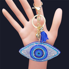 Load image into Gallery viewer, White Stone Evil Eye Keychains - KeychainEye Shaped White Evil Eye with Blue Stones
