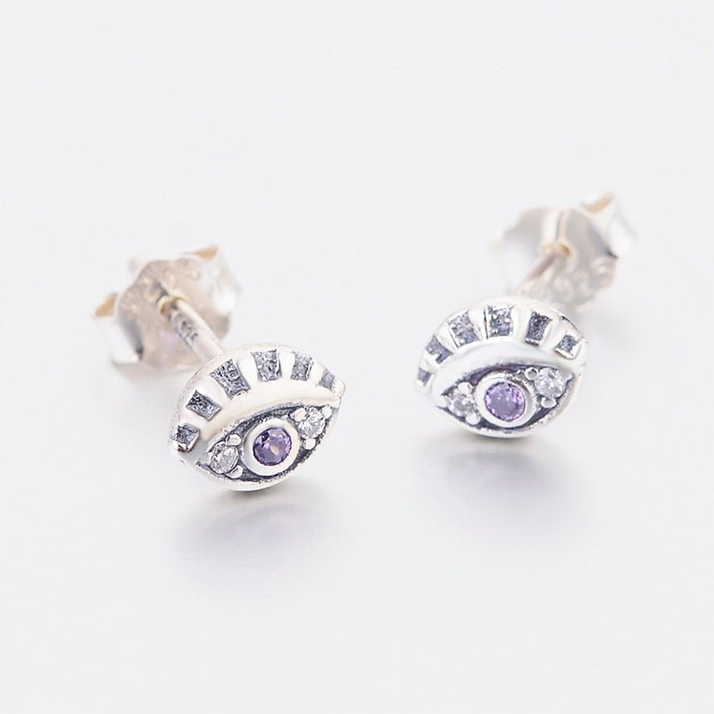 White Stone Evil Eye Silver Stud Earrings - Earrings