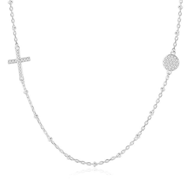 White Stone Evil Eye with Holy Cross Silver Necklace - NecklaceSilver