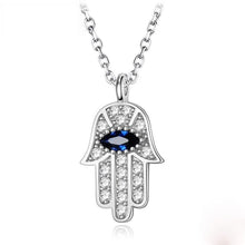 Load image into Gallery viewer, White Stone Hamsa Hand with Blue Stone Evil Eye Silver Necklace - NecklaceBlue Stone
