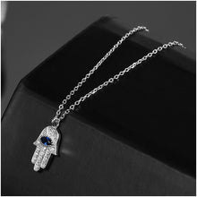 Load image into Gallery viewer, White Stone Hamsa Hand with Blue Stone Evil Eye Silver Necklace - NecklacePink Stone
