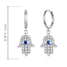 Load image into Gallery viewer, White Stone Hamsa Hand with Evil Eye Silver Drop Earrings - Earrings
