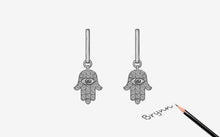 Load image into Gallery viewer, White Stone Hamsa Hand with Evil Eye Silver Drop Earrings - Earrings
