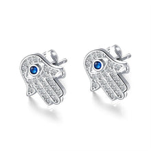 Load image into Gallery viewer, White Stone Hamsa Hand with Evil Eye Stud Earrings - EarringsSilver

