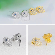 Load image into Gallery viewer, White Stone Hamsa Hand with Evil Eye Stud Earrings - EarringsSilver

