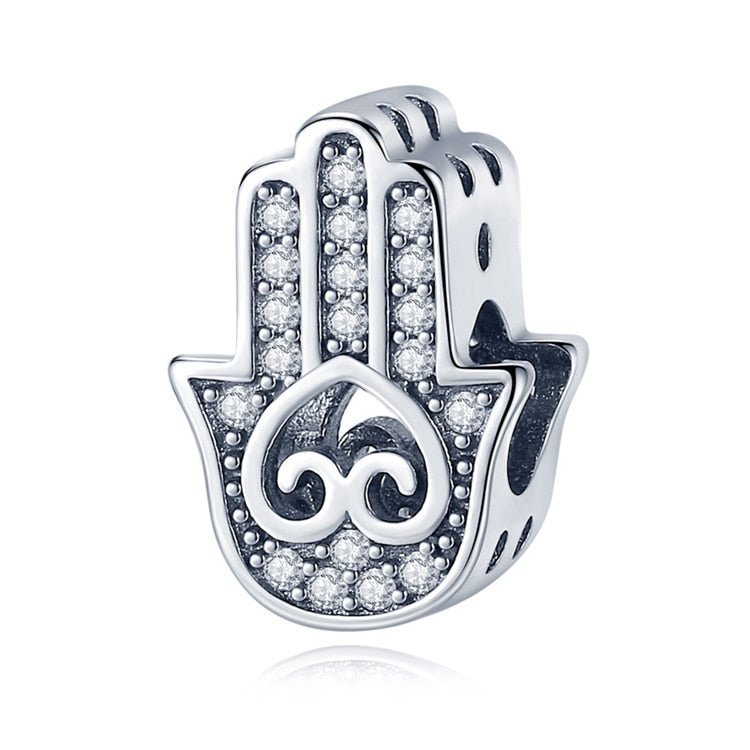 White Stone Heart Design Hamsa Hand Silver Charm Bead - Charm Bead