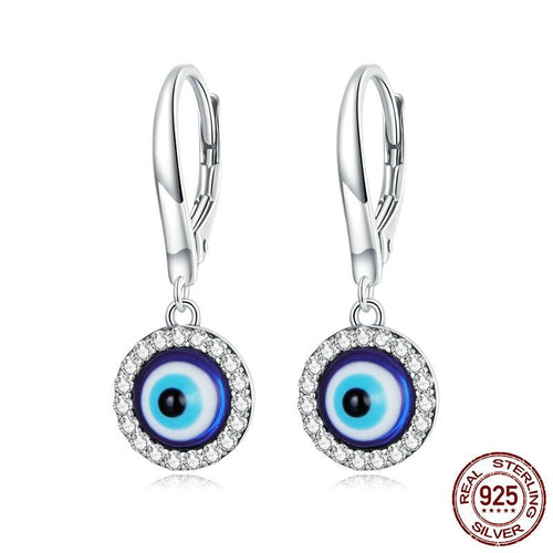 White Stone Studded Greek Blue Evil Eye Earrings - Earrings