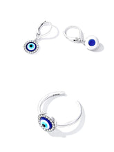 Load image into Gallery viewer, White Stone Studded Greek Blue Evil Eye Jewelry Set - Earrings and Ring - Jewelry Set
