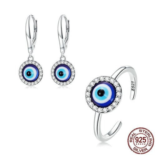 White Stone Studded Greek Blue Evil Eye Jewelry Set - Earrings and Ring - Jewelry Set