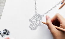 Load image into Gallery viewer, White Stone Studded Hamsa Hand Evil Eye Silver Necklace - NecklaceRose Gold
