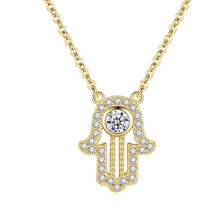 Load image into Gallery viewer, White Stone Studded Hamsa Hand Evil Eye Silver Necklace - NecklaceGold
